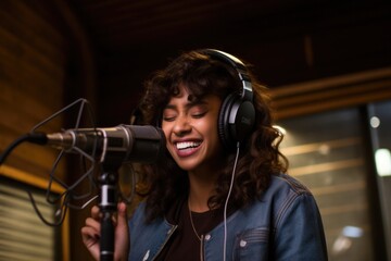 A young smiling female singer wearing headphones with a microphone while recording song in a music studio with colorful lights.