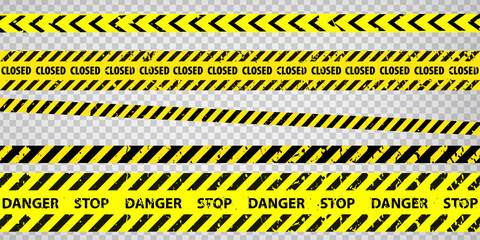 Black and yellow police stripe border, construction, danger, closed caution tapes set. Set of danger caution grunge tapes.  Warning signs for your  design on transparent background. EPS10 - obrazy, fototapety, plakaty