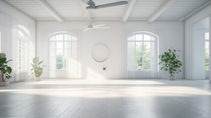an open room with a white tile floor and white walls and a large ceiling fan above