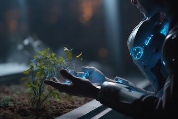 Environmental technology concept. Robot hand holding small plants .Artificial Intelligence and Technology ecology. Green technology and Environmental technology.