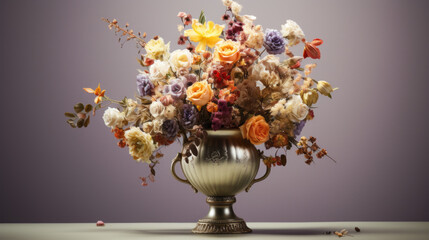 an ornate vase with a bouquet of artificial flowers