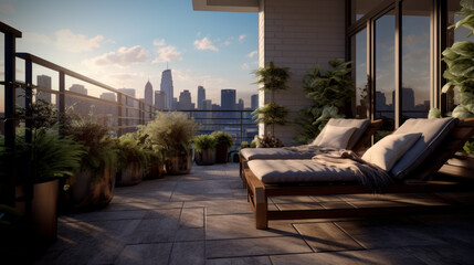 an outdoor balcony with a view of the city