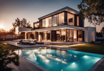 Obraz na płótnie Canvas Exterior of modern minimalist cubic villa with swimming pool at sunset