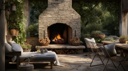 an outdoor patio with a stone fireplace and a large dining table and several chairs