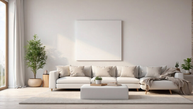 Bellissimo soggiorno con divano con colori naturali ed eleganti e cornice vuota sul muro