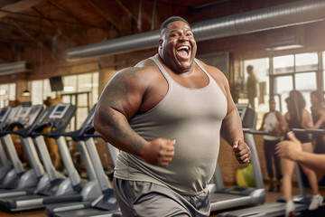 Fototapeta na wymiar Cheerful fat man is working out in the gym.