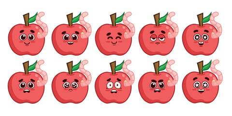 Set of red apples with worms and adorable facial expressions. Whole fruit on a white background.