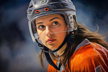 Close-up portrait of a girl in a hockey uniform.