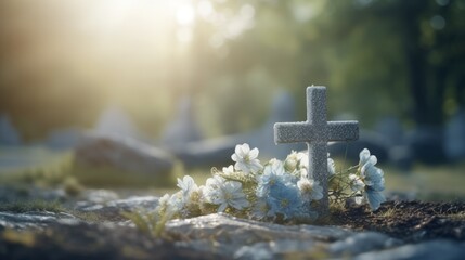 A solemn Catholic cemetery with a grave marker and cross engraved on it, set against a softly blurred background. Funeral concept - obrazy, fototapety, plakaty