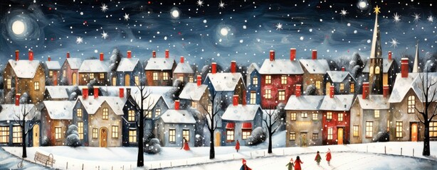 Winter Christmas illustration with old town, Magical Holiday Charm, Snowy street, horizontal banner, New Year or Christmas Card, generative ai 