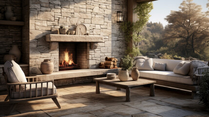 an outdoor patio with a wooden deck and a stone fireplace and a seating area - obrazy, fototapety, plakaty