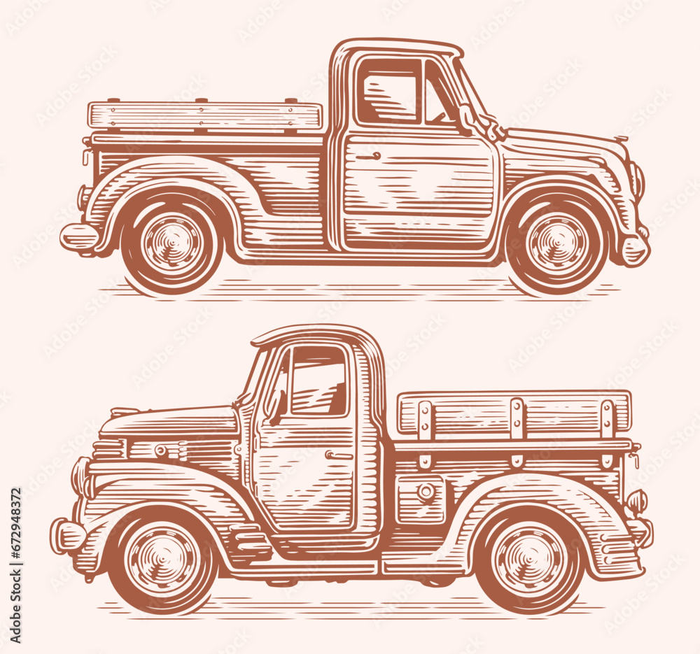 Canvas Prints retro farm truck in sketch style. vintage pickup car. hand drawn vector illustration