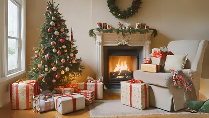Obraz premium Christmas Tree With Star on top, and Presents under - Generative AI 