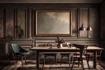 A moody perspective of a Canvas Frame for a mockup in an old styled dining room, where the soft hum of a vintage fan creates an ambiance of relaxation
