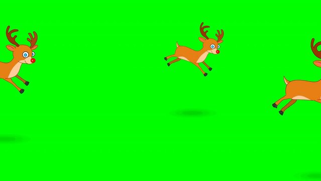 Deers group jumping. Santa rein, merry Christmas, Happy new year video. Herd of deer running. Cycle, loop cartoon animal character animation. Transparent, green screen background. Animation footage