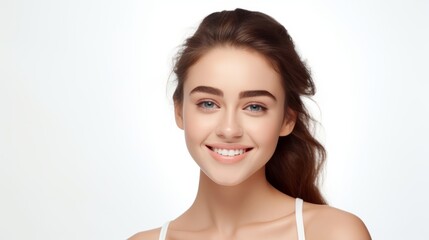 Portrait of a young happy woman looking to the camera. Skin care beauty, skincare cosmetics, and dental concepts. Isolated over a white background.