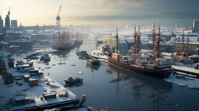 An overview of a bustling harbor with large ships and fishing boats