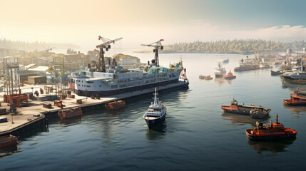An overview of a bustling harbor with large ships and fishing boats
