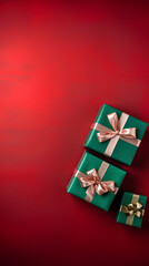 Green and red gift boxes on red background. Top view of christmas gift with space.