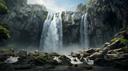 An overview of a majestic waterfall cascading down a rocky cliff face - obrazy, fototapety, plakaty