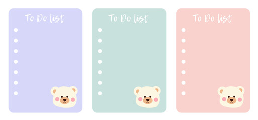 Set of to do list with vector kawaii cute bear for kids. Ready fot print