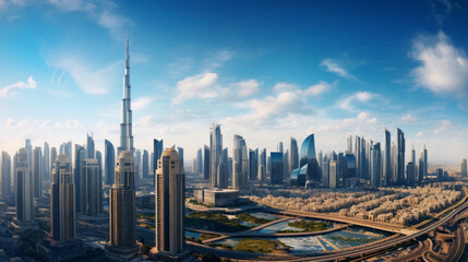 An overview of a vibrant city skyline with tall skyscrapers and illuminated streets