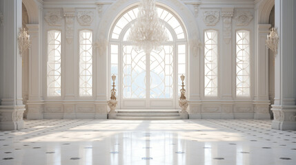 an elegant entryway with white walls and a marble floor and a large crystal chandelier