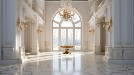 an elegant entryway with white walls and a marble floor and a large crystal chandelier
