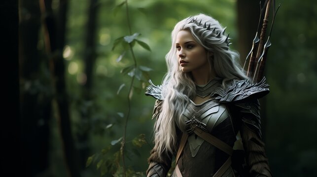 Full body Photo of a elven women archer, silver hair, clothing made of leafs and animal hides