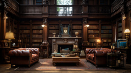 library with a wooden floor and dark wood bookshelves and a leather
