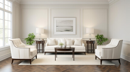 Fototapeta na wymiar room has a classic and elegant feel the walls are a soft beige and with white crown molding along the top The floor is a dark hardwood and with a glossy finish