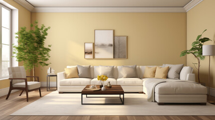 Fototapeta na wymiar room has a contemporary feel The walls are a pale yellow and with white crown molding along the top The floor is a dark hardwood and with a glossy finish A white sectional sofa sits against wall
