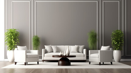 room has a modern and minimalist feel The walls are a light gray and with white crown molding along the top The floor is a dark hardwood and with a glossy finish A white sofa sits against one wall