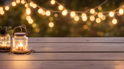 Christmas decoration with candle. Empty Wood table top with decorative outdoor string lights at night time. 