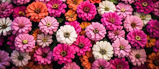 Took pictures of zinnia flowers in the garden using a full frame camera - obrazy, fototapety, plakaty