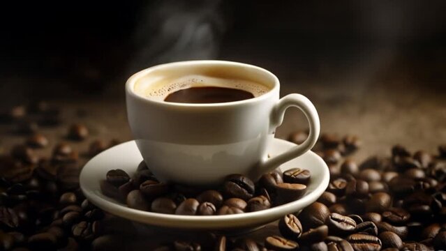 Animation of a steaming cup of coffee with coffee beans in the background
