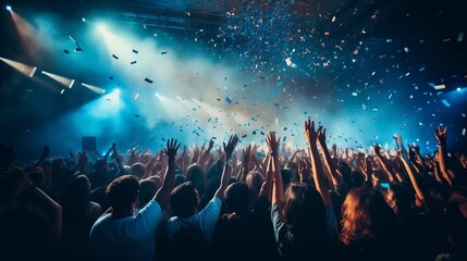 Live, rock concert, party, festival night club crowd cheering, stage lights and confetti falling. Cheering crowd.