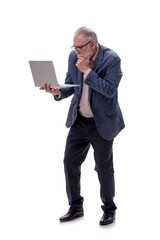 Old businessman with computer isolated on white