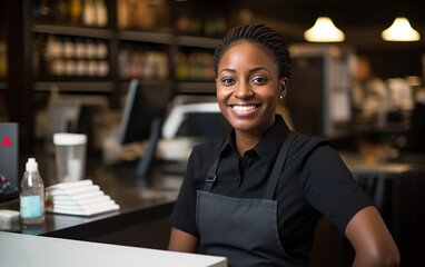 Fototapeta premium Dark-skined cheerfull woman working as a cashier in the store