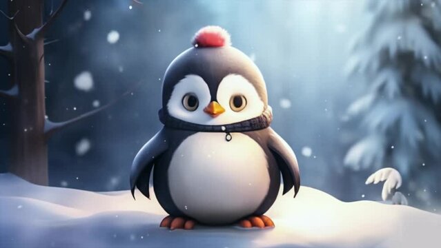 Animation with funny cartoon of baby penguin in the snow