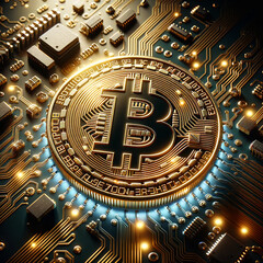Fototapeta premium An art object that depicts a golden Bitcoin coin on a background of a high-tech circuit board. The coin features the iconic Bitcoin logo, a letter 'B'