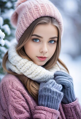 Pretty teen model presents knitted winter fashion made of wool. generative ai