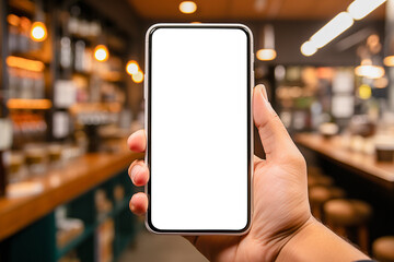 Mockup of Smartphone with White Screen in Male Hands in Cozy Coffee Shop or Boutique: Ideal for Promotion or App Advertising