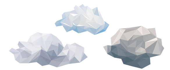 Set three white cloud low poly modelling isolated with white background vector icons