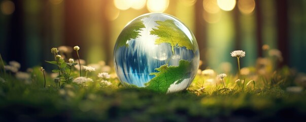 A glass globe sitting on top of a lush green field. Generative AI.