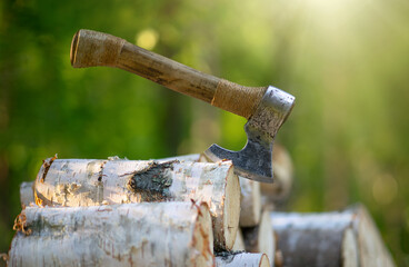 Stick an axe with a wooden handle into birch logs.Chopping firewood on a hike.Harvesting of firewood.