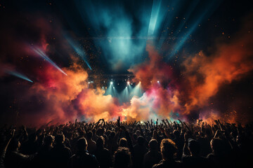 Concert crowd with colorful stage lights and confetti