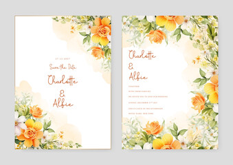 Orange and white rose cosmos and peony wedding invitation card template with flower and floral watercolor texture vector