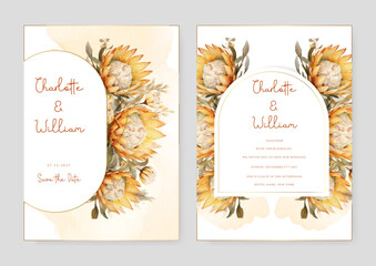 Yellow king protea set of wedding invitation template with shapes and flower floral border