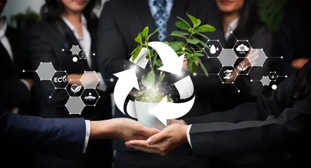 Foto op Plexiglas Business partnership nurturing or growing plant together with recycle icon symbolize ESG sustainable environment protection with eco recycling technology and recyclable resource management. Reliance © Summit Art Creations